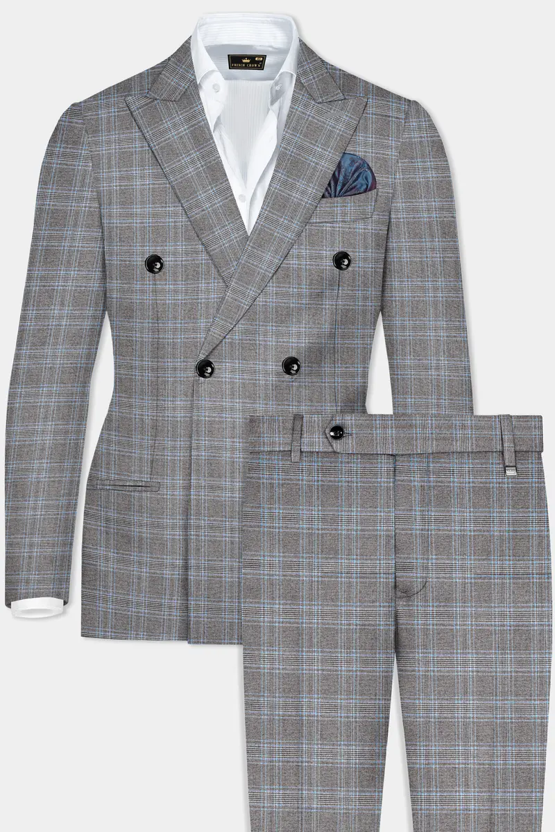 Dorado Blue With Casper Gray Plaid Wool Rich Double Breasted Suit 2
