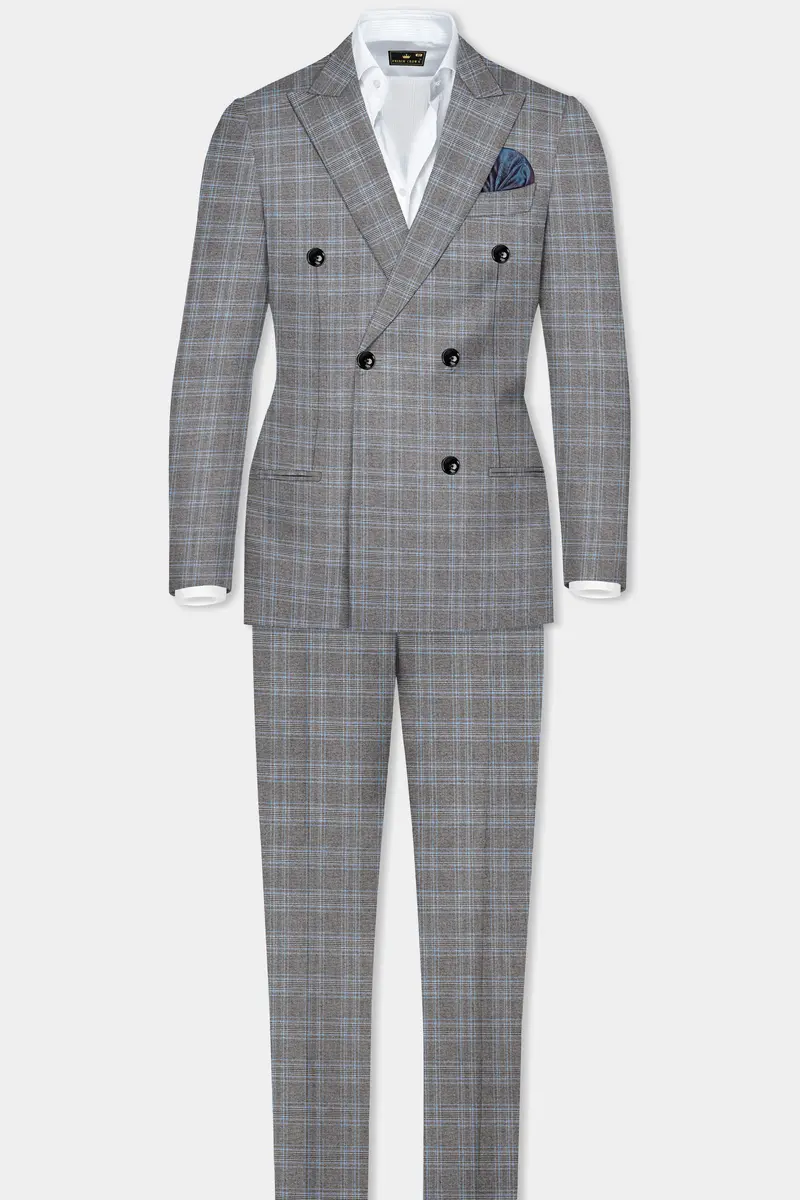 Dorado Blue With Casper Gray Plaid Wool Rich Double Breasted Suit 4