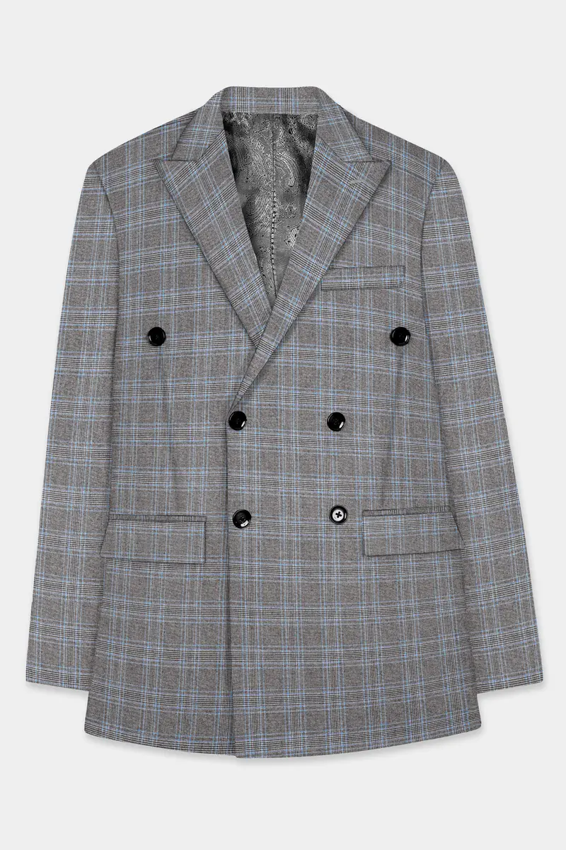 Dorado Blue With Casper Gray Plaid Wool Rich Double Breasted Suit 8