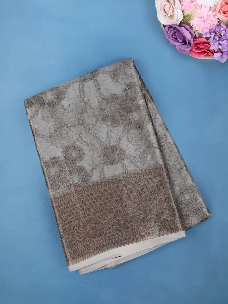 Dove Grey Floral Design Woven Tissue Silk Saree 1
