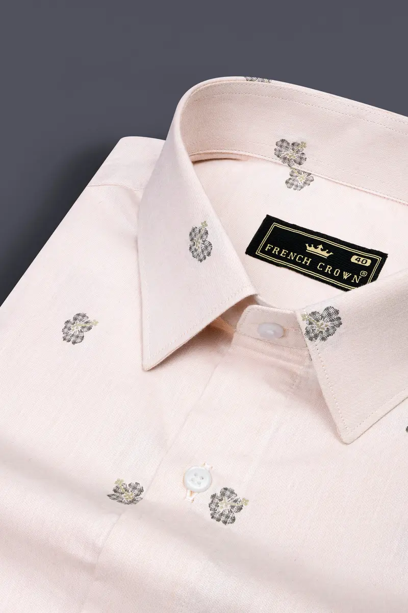 Down Pink With Mondo Brown Flower Printed Jacquard Textured Premium Giza Cotton Shirt 1