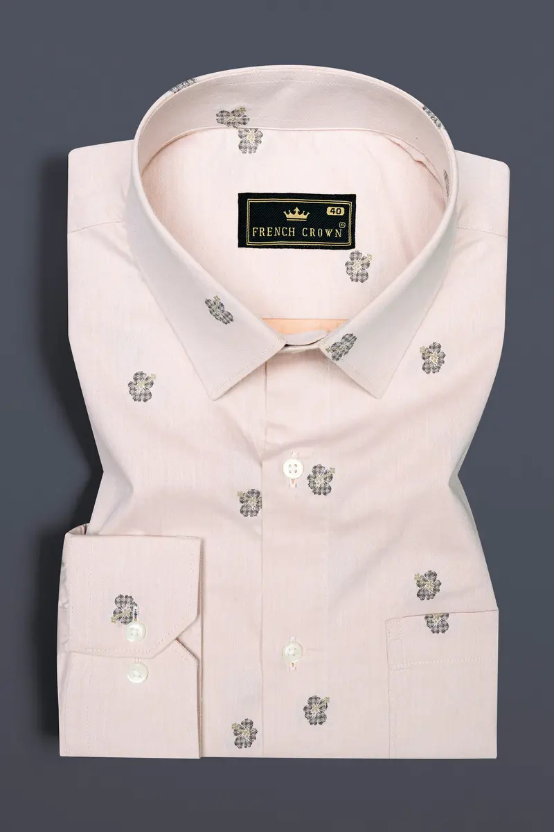 Down Pink With Mondo Brown Flower Printed Jacquard Textured Premium Giza Cotton Shirt 3