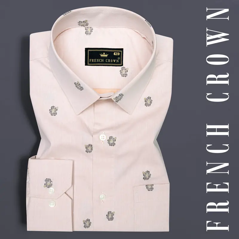 Down Pink With Mondo Brown Flower Printed Jacquard Textured Premium Giza Cotton Shirt 6