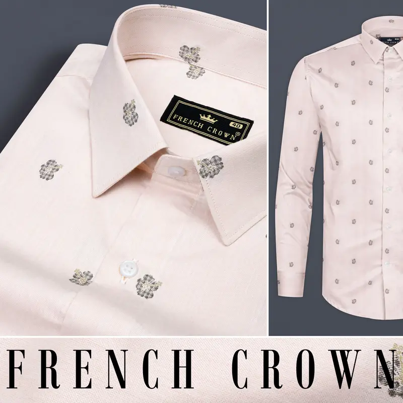 Down Pink With Mondo Brown Flower Printed Jacquard Textured Premium Giza Cotton Shirt 9