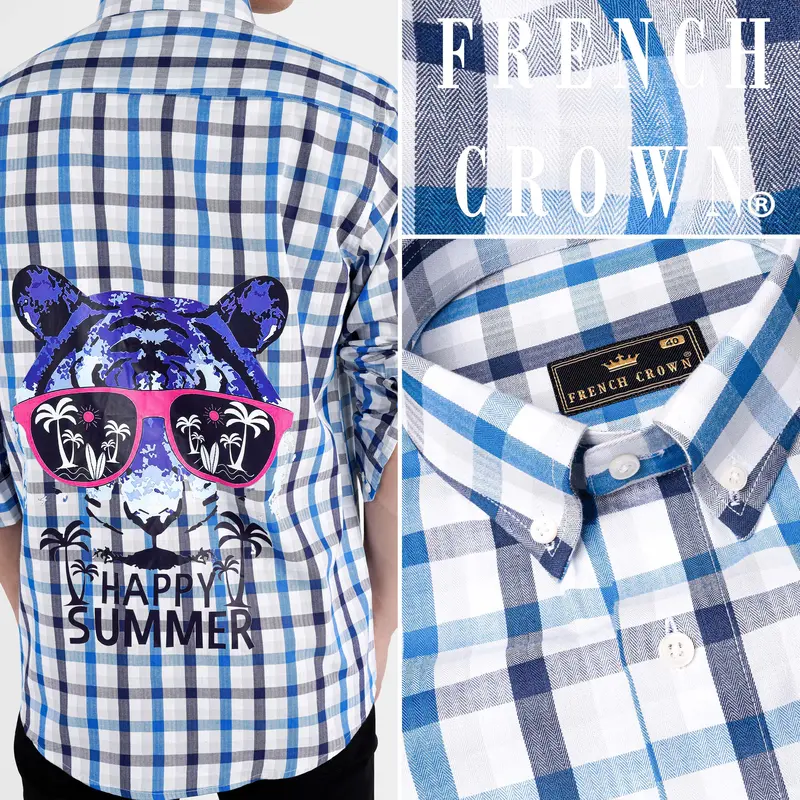 Downriver Blue And White Checkered With Funky Printed Herringbone Designer Shirt 1