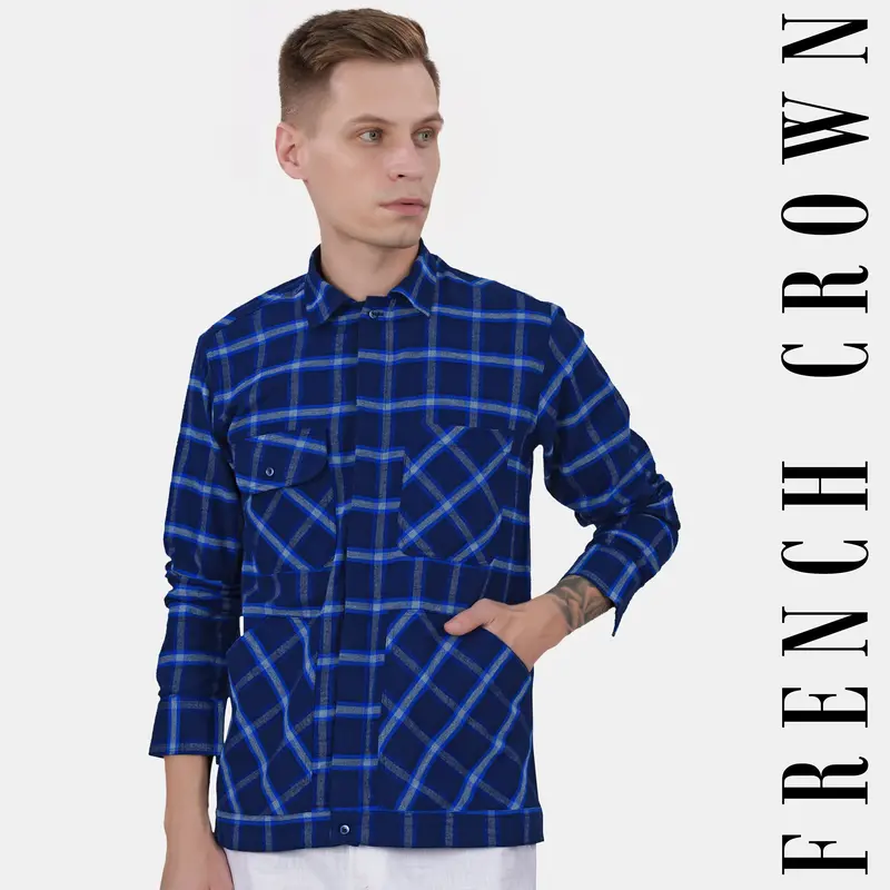 Downriver Blue And White Twill Checkered Premium Cotton Designer Overshirt 1