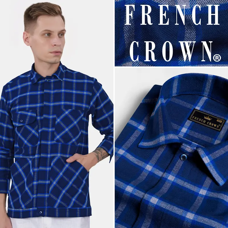 Downriver Blue And White Twill Checkered Premium Cotton Designer Overshirt 10