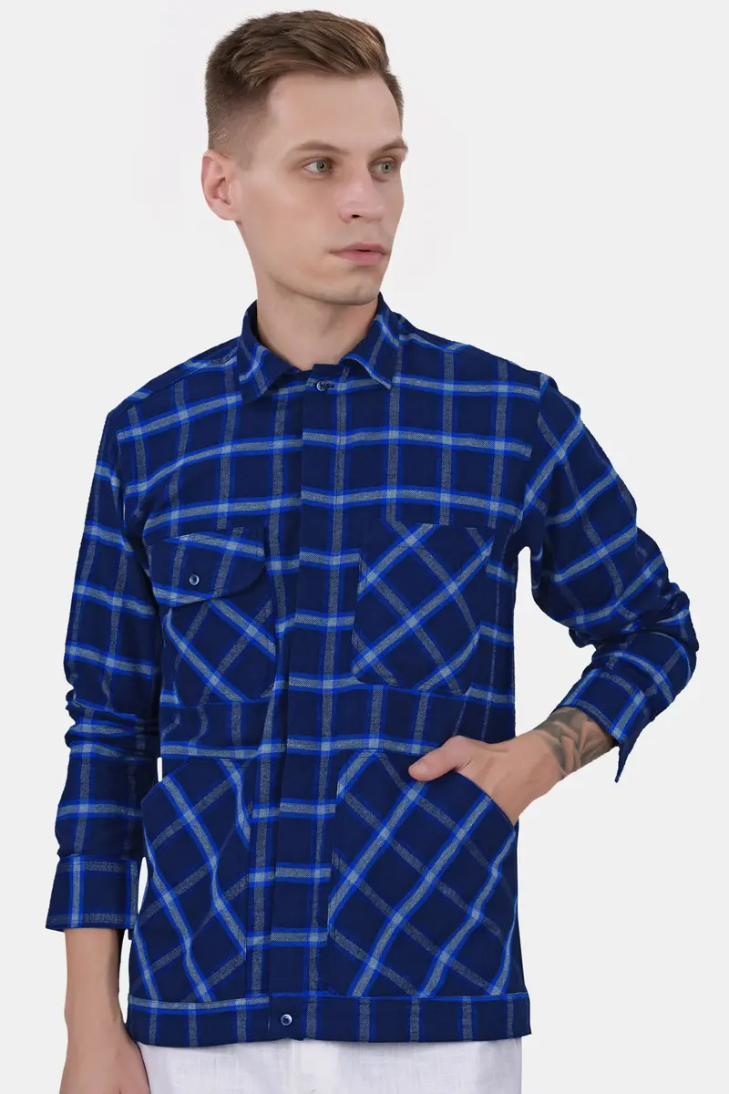 Downriver Blue And White Twill Checkered Premium Cotton Designer Overshirt 2