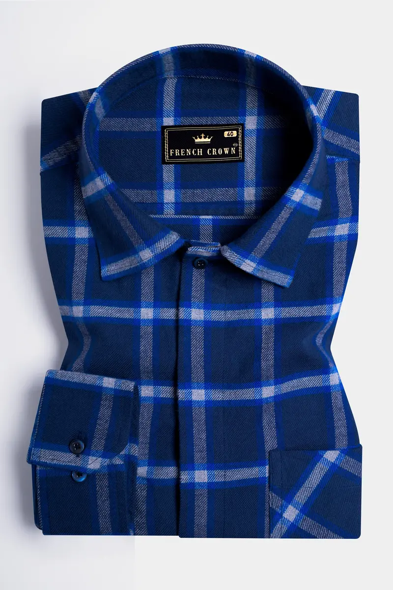 Downriver Blue And White Twill Checkered Premium Cotton Designer Overshirt 5