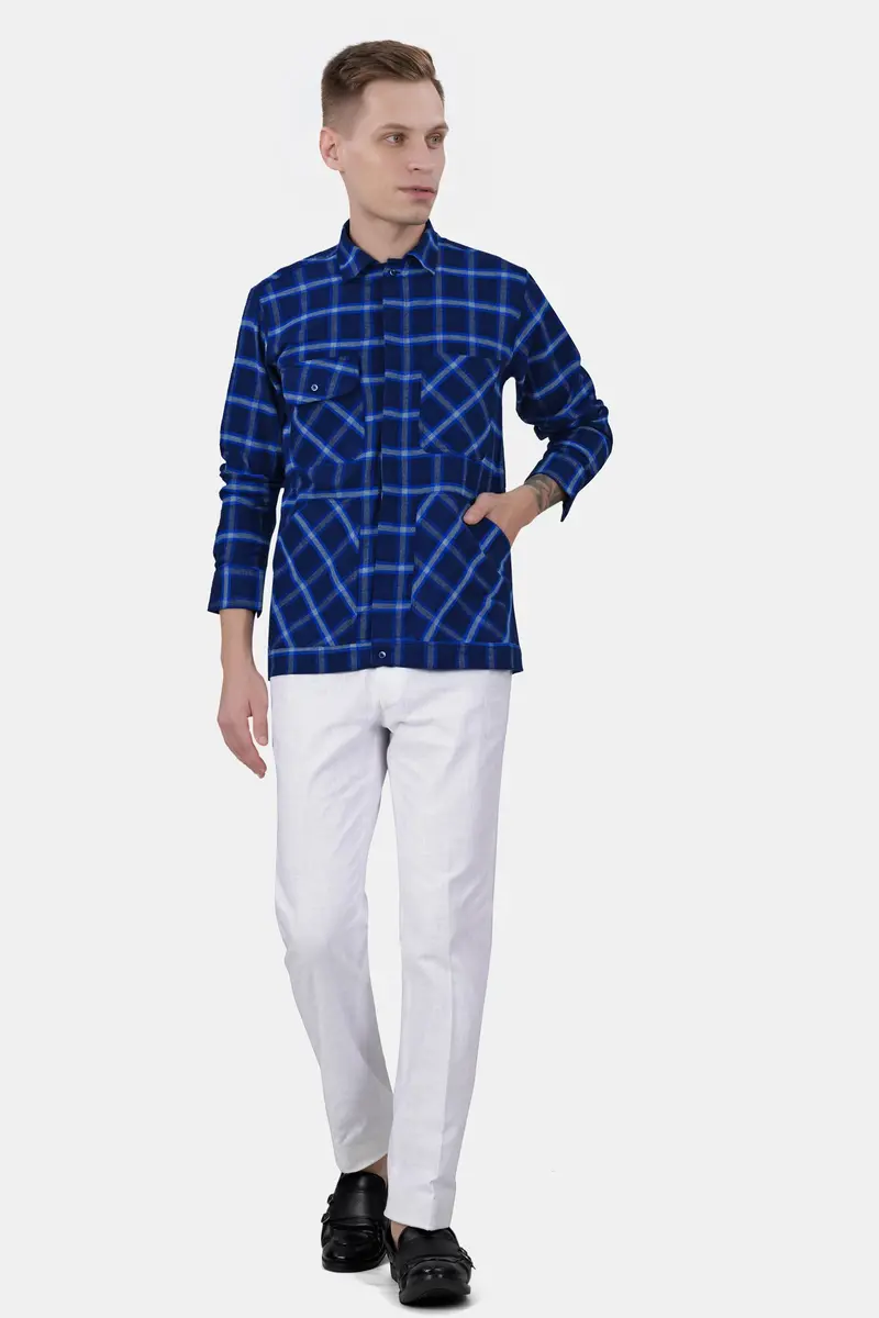 Downriver Blue And White Twill Checkered Premium Cotton Designer Overshirt 7