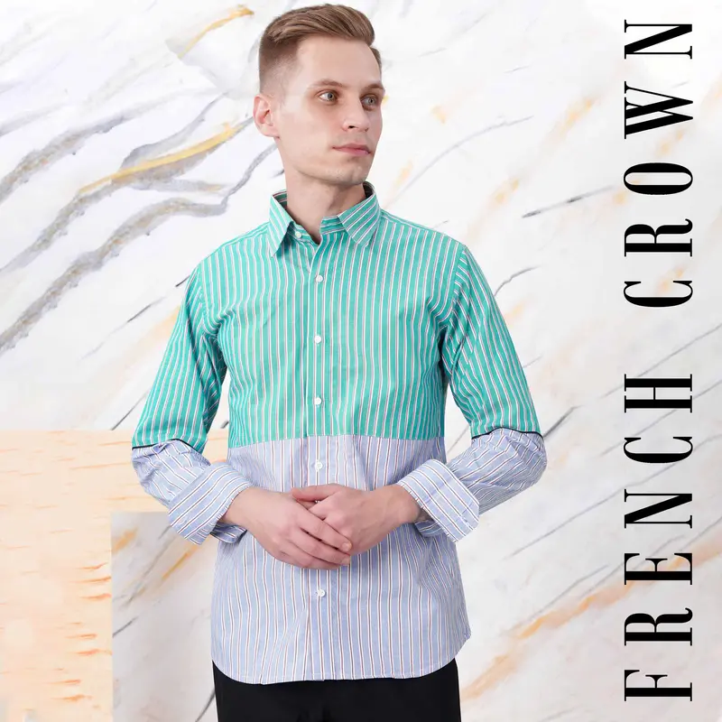 Downy Green And Periwinkle Blue Striped Premium Cotton Designer Shirt 1