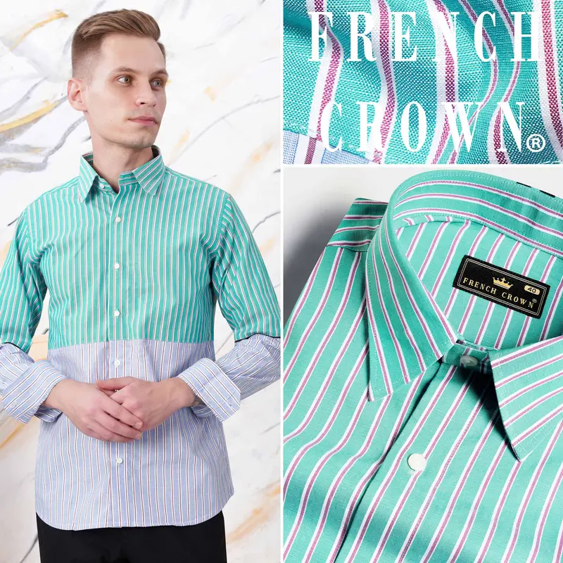 Downy Green And Periwinkle Blue Striped Premium Cotton Designer Shirt 11