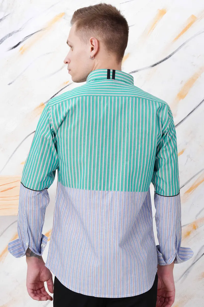 Downy Green And Periwinkle Blue Striped Premium Cotton Designer Shirt 2