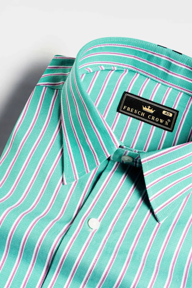 Downy Green And Periwinkle Blue Striped Premium Cotton Designer Shirt 4