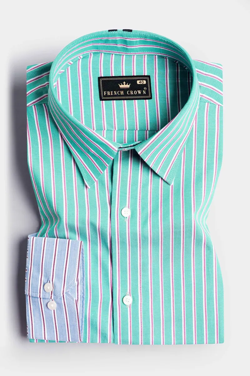 Downy Green And Periwinkle Blue Striped Premium Cotton Designer Shirt 5