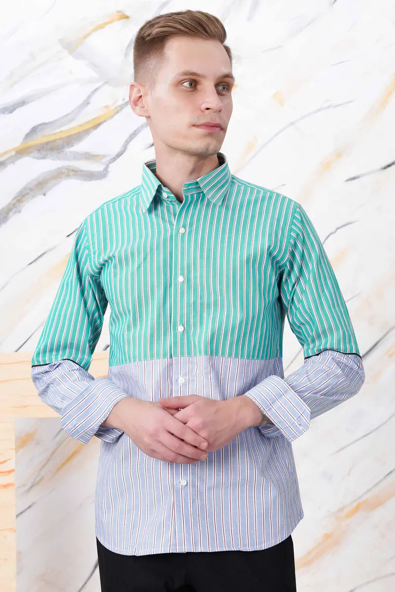 Downy Green And Periwinkle Blue Striped Premium Cotton Designer Shirt 6