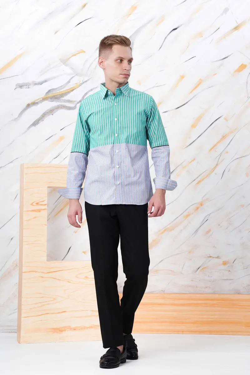 Downy Green And Periwinkle Blue Striped Premium Cotton Designer Shirt 8
