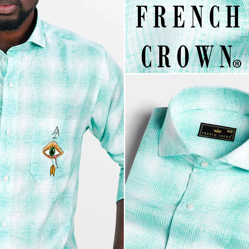 Downy Green And White Hand Painted Twill Premium Cotton Designer Shirt 1