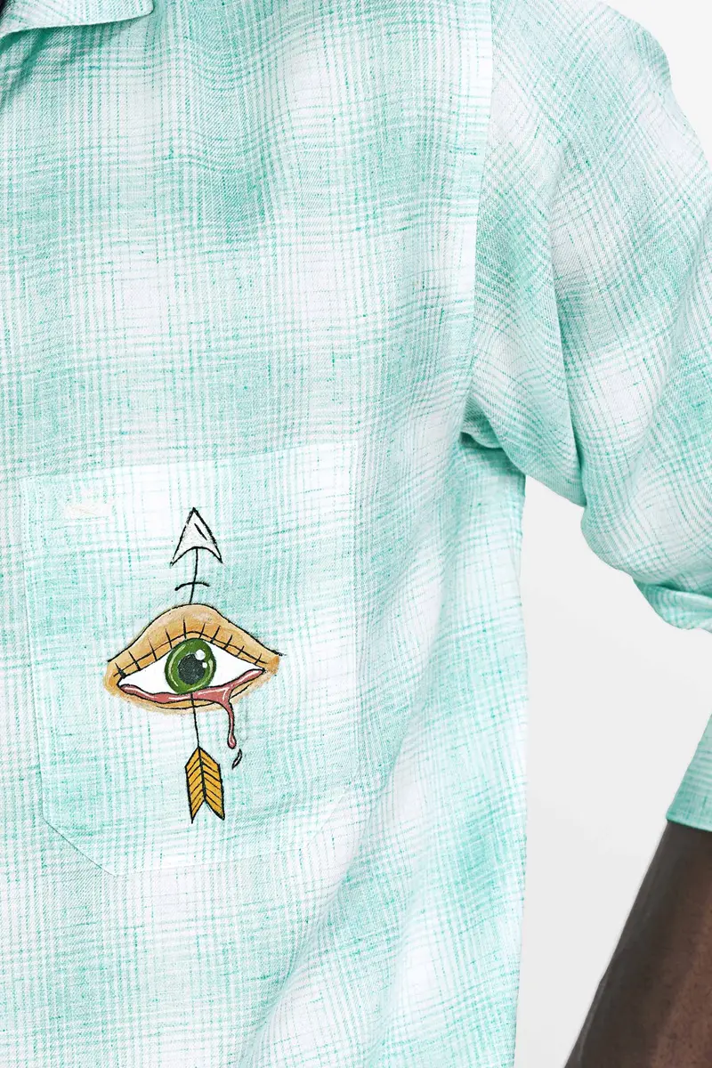 Downy Green And White Hand Painted Twill Premium Cotton Designer Shirt 2