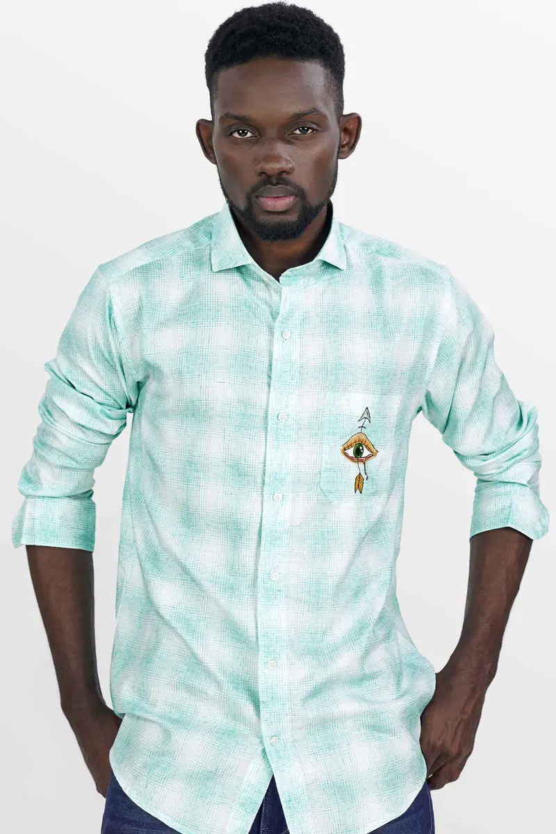 Downy Green And White Hand Painted Twill Premium Cotton Designer Shirt 6