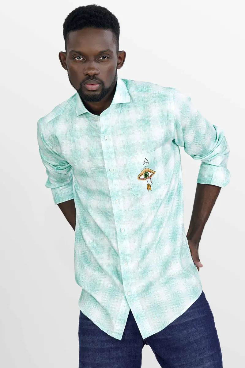Downy Green And White Hand Painted Twill Premium Cotton Designer Shirt 7
