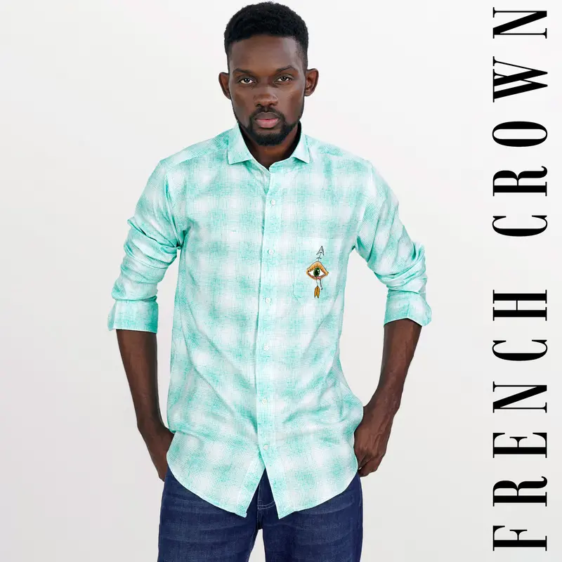 Downy Green And White Hand Painted Twill Premium Cotton Designer Shirt 9