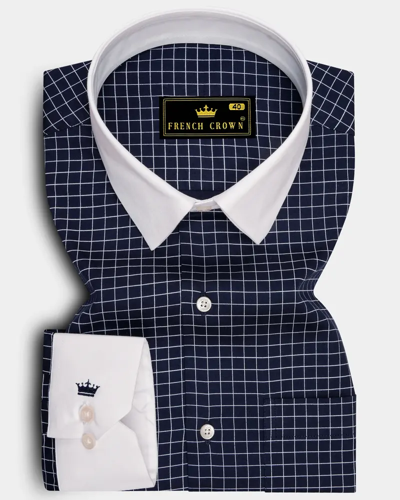 Drift-Cinder Blue And Bright White Plaid Subtle Sheen Super Soft Premium Cotton Dress White Cuff Collar Shirt 1