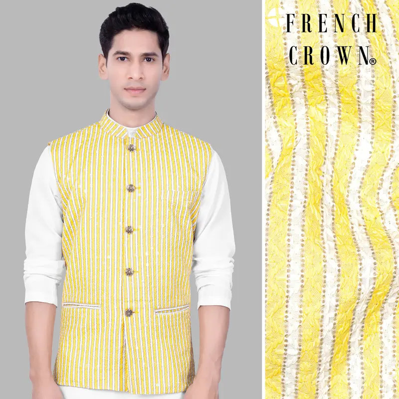 Drover Yellow And Bright White Striped Designer Thread Embroidered Nehru Jacket 1