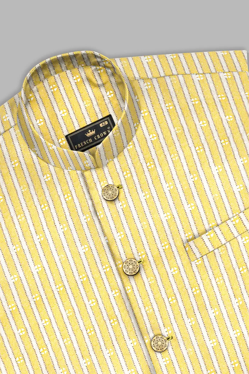Drover Yellow And Bright White Striped Designer Thread Embroidered Nehru Jacket 10