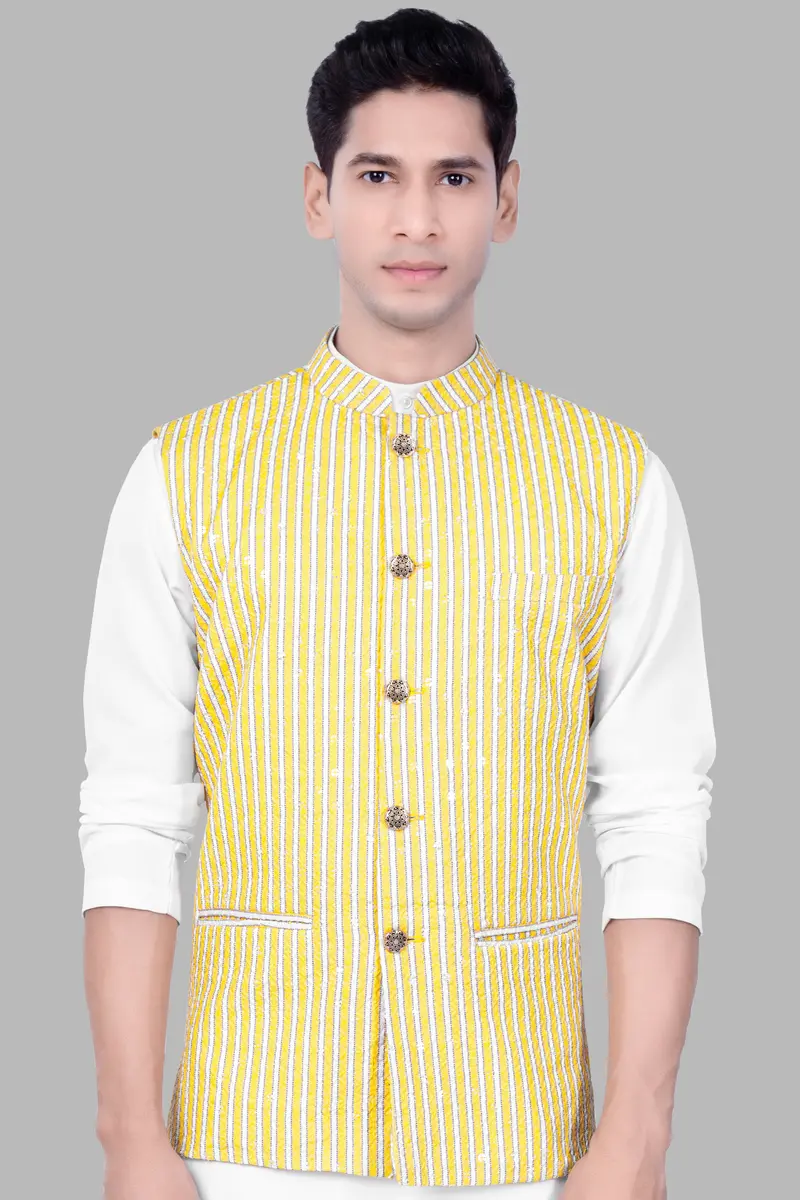 Drover Yellow And Bright White Striped Designer Thread Embroidered Nehru Jacket 2