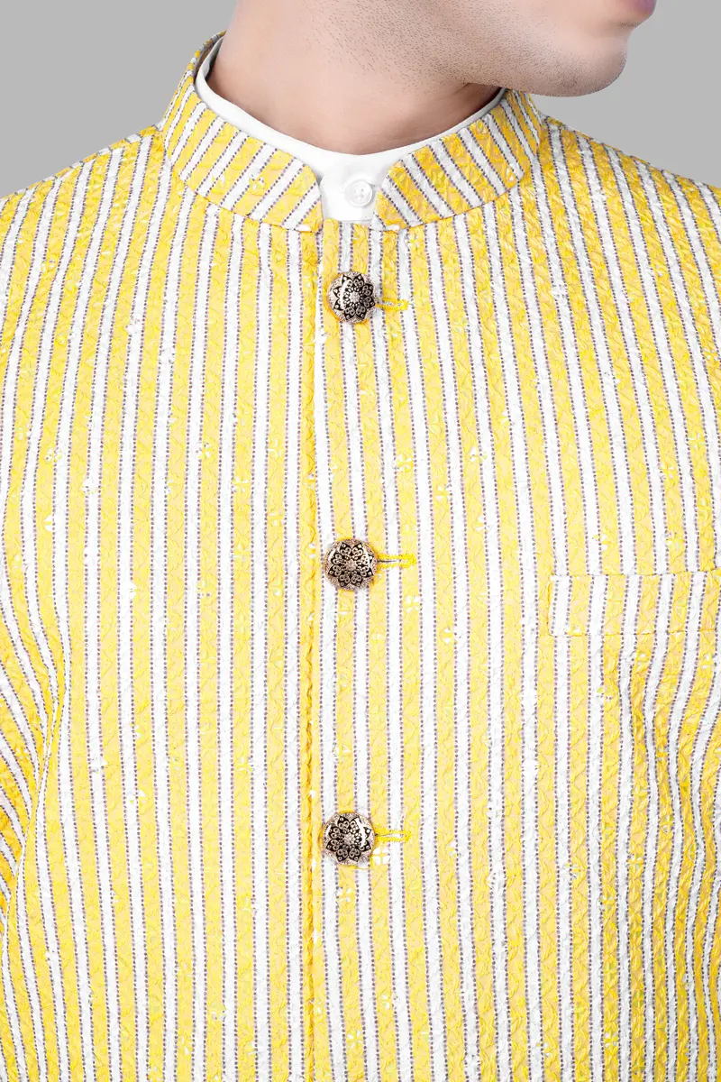 Drover Yellow And Bright White Striped Designer Thread Embroidered Nehru Jacket 4