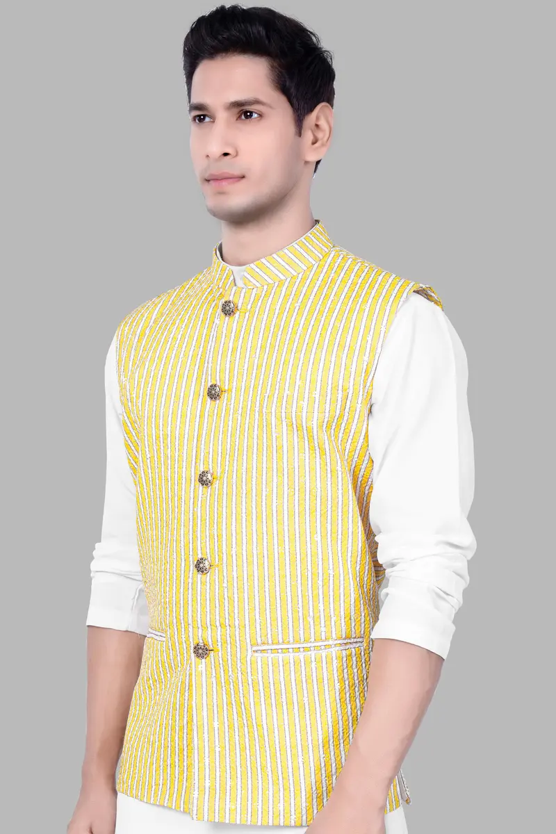 Drover Yellow And Bright White Striped Designer Thread Embroidered Nehru Jacket 5