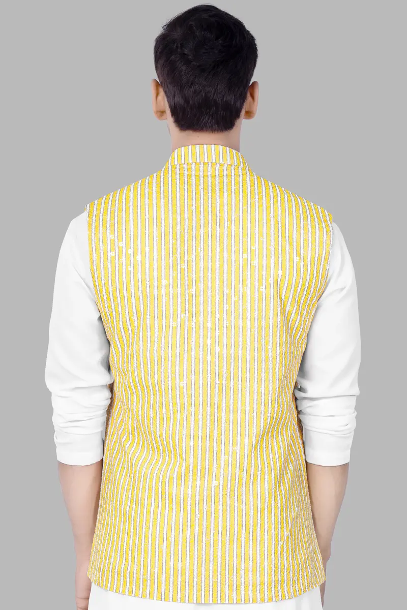 Drover Yellow And Bright White Striped Designer Thread Embroidered Nehru Jacket 6