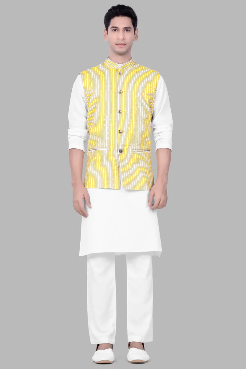 Drover Yellow And Bright White Striped Designer Thread Embroidered Nehru Jacket 7