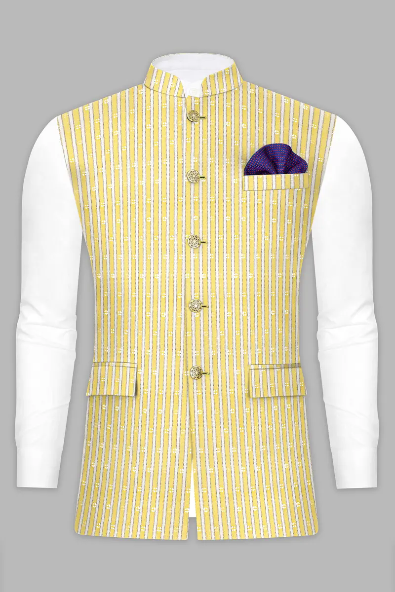 Drover Yellow And Bright White Striped Designer Thread Embroidered Nehru Jacket 8