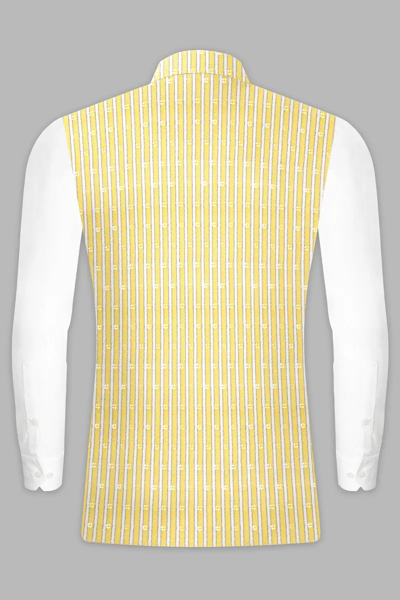 Drover Yellow And Bright White Striped Designer Thread Embroidered Nehru Jacket 9