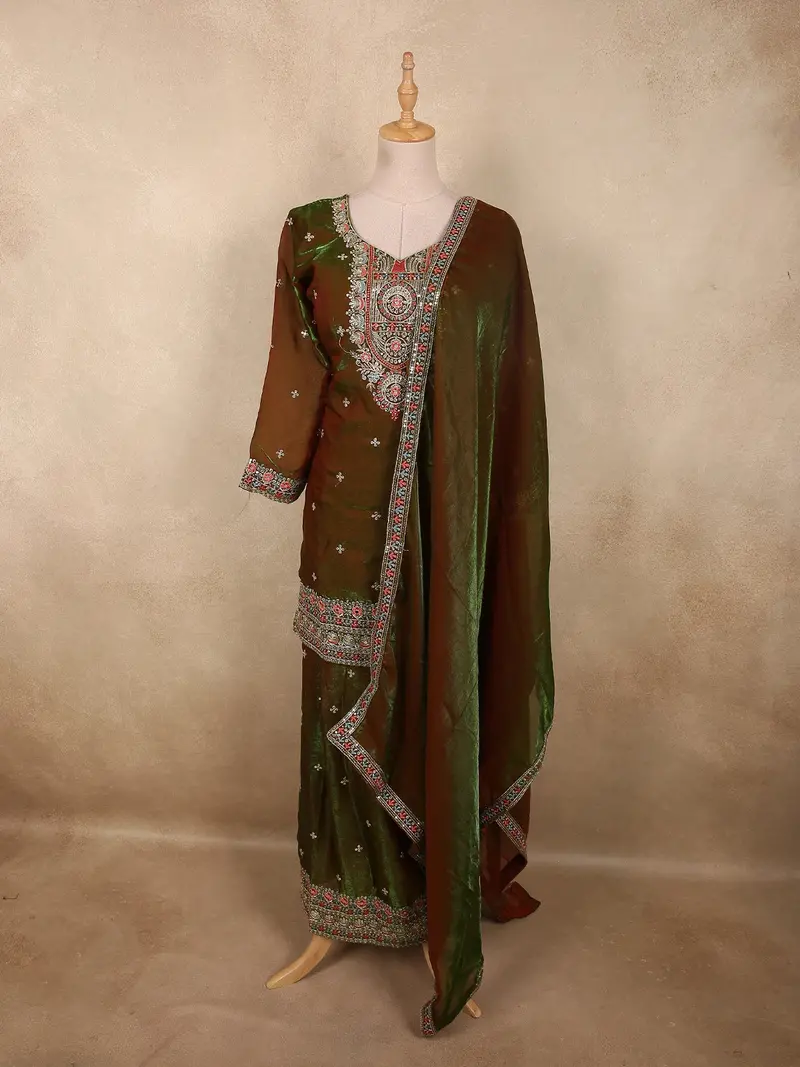 Dual-Tone Antique Moss Green Floral Thread Embroidered Design Organza Palazzo Suit With Dupatta 1