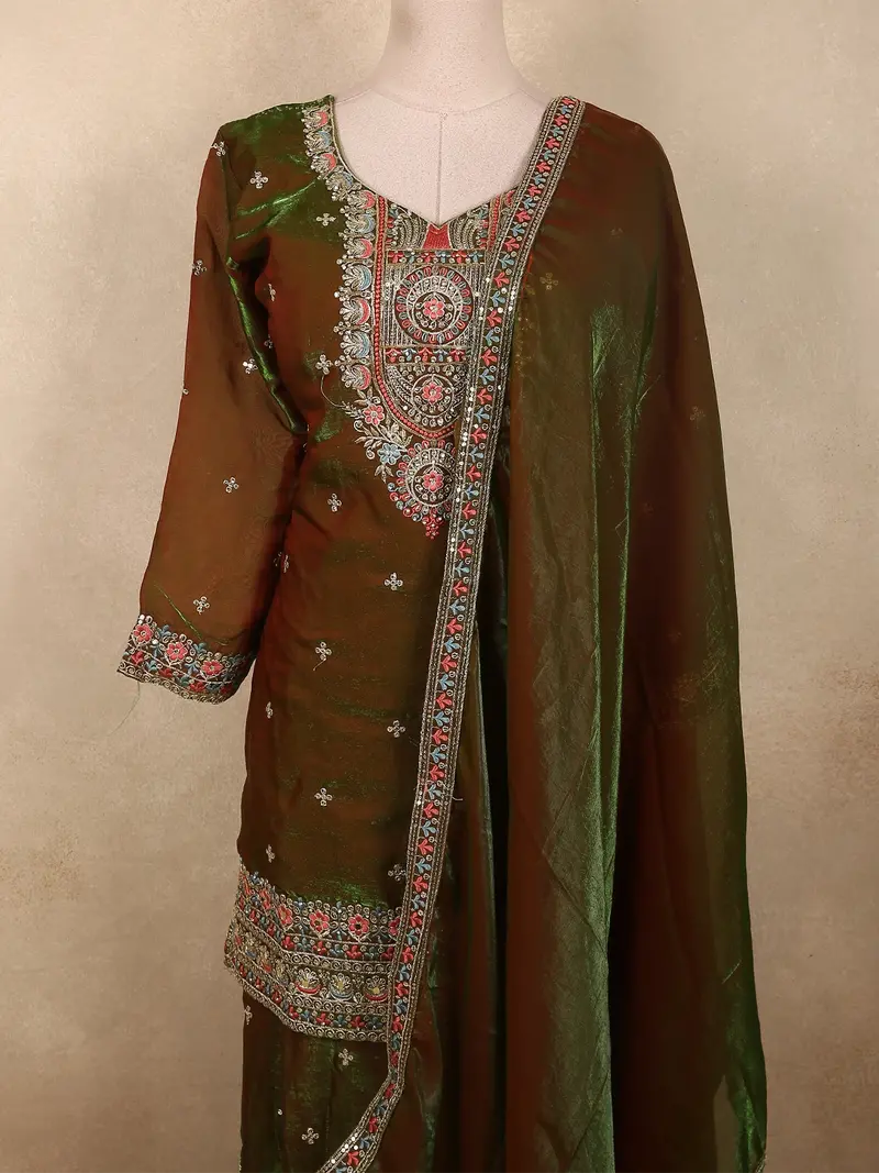 Dual-Tone Antique Moss Green Floral Thread Embroidered Design Organza Palazzo Suit With Dupatta 2