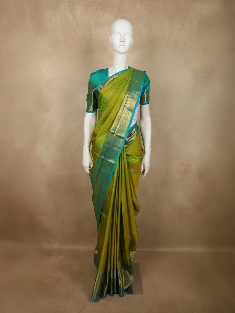 Dual-Tone Lime Parrot Green Striped And Butta Zari Woven Design Pure Kanchipuram Silk Saree With Contrast Floral Zari Border 1
