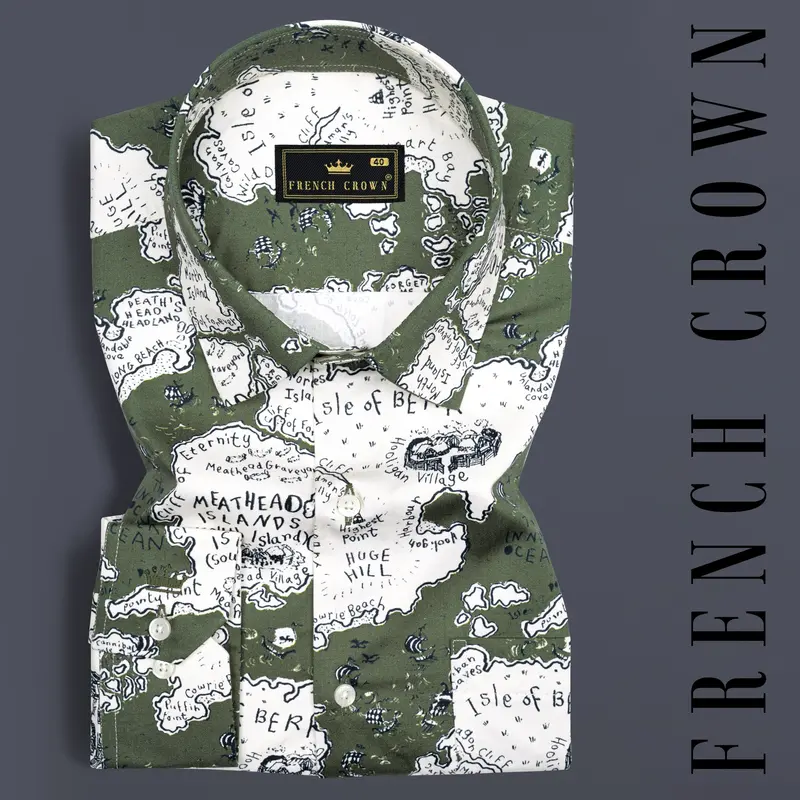 Dune Green And Spring Cream Map Printed Subtle Sheen Super Soft Premium Cotton Designer Shirt 1