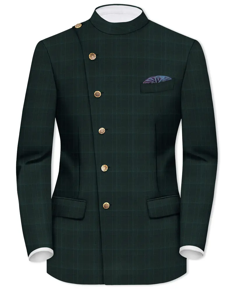 Dune Green Super Fine Plaid Woolrich Cross Placket Bandhgala Blazer 1