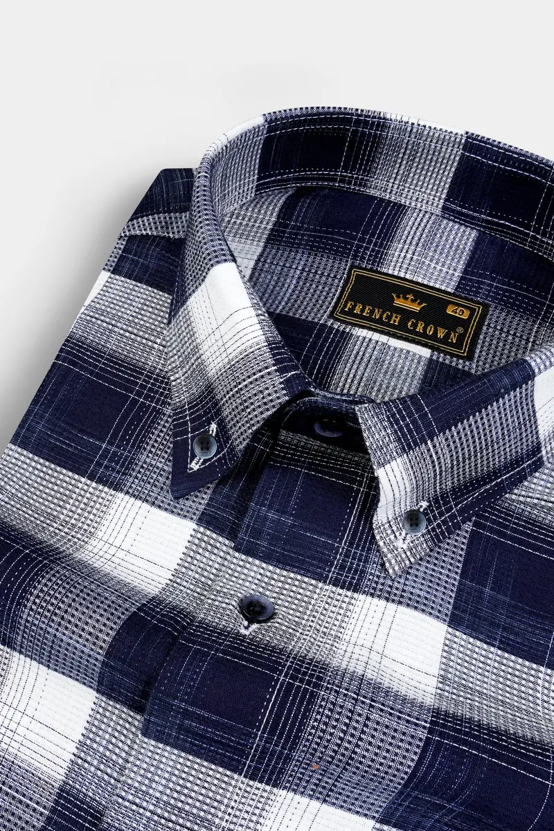 Dusk Blue With White Checkered Dobby Textured Premium Giza Cotton Shirt 1