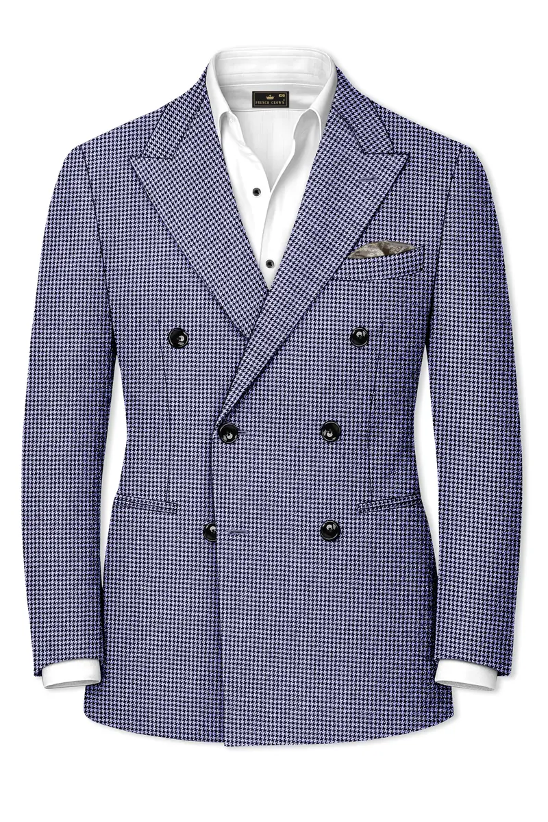 Dusk-Mulled Blue Classic Houndstooth Textured Tweed Double Breasted Blazer 2