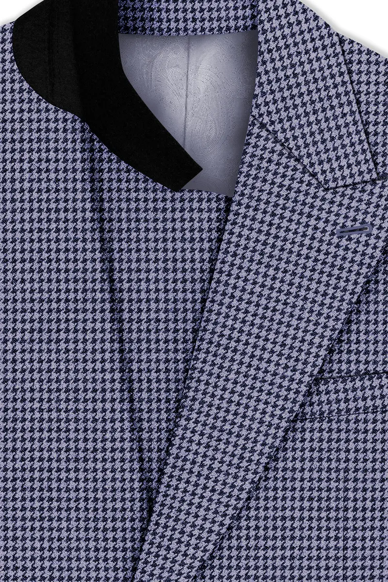 Dusk-Mulled Blue Classic Houndstooth Textured Tweed Double Breasted Blazer 4
