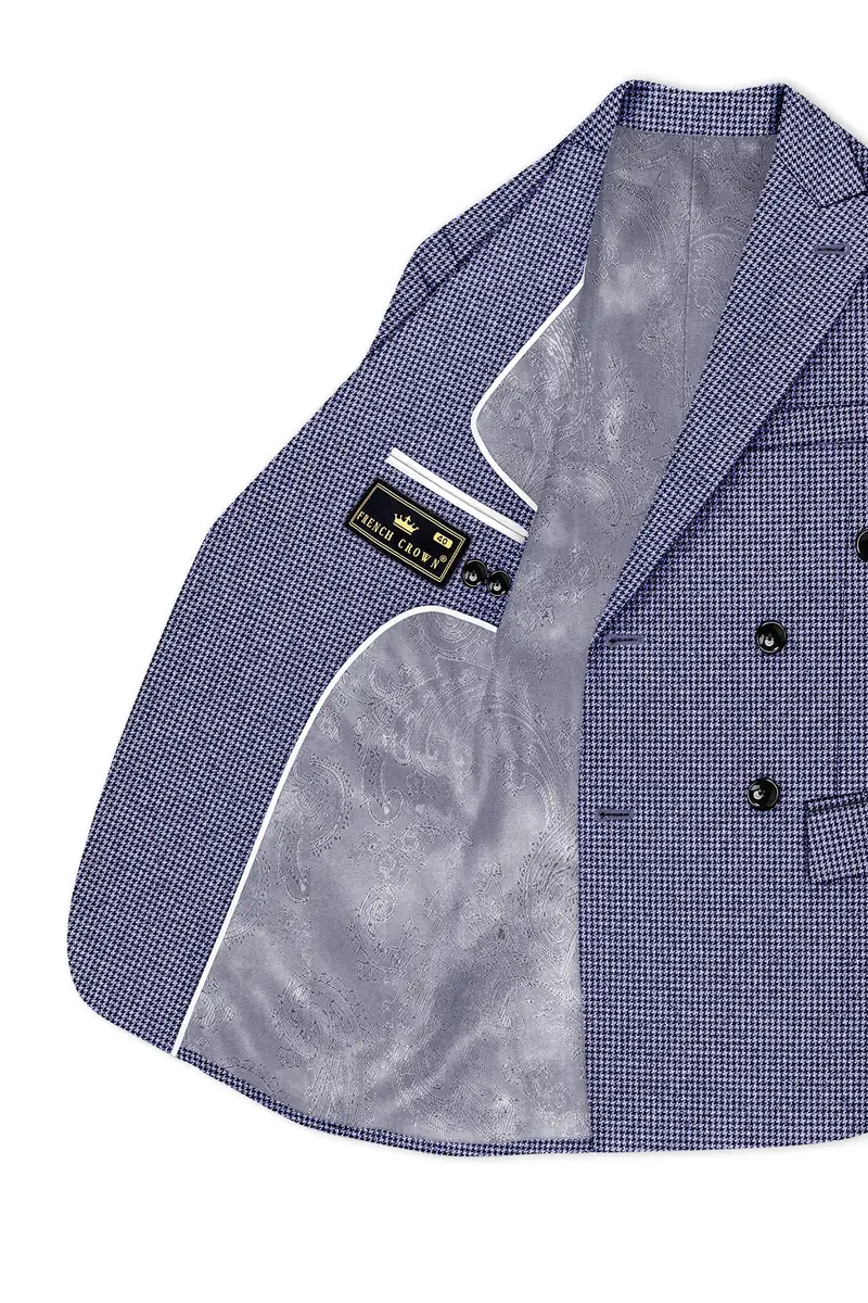 Dusk-Mulled Blue Classic Houndstooth Textured Tweed Double Breasted Blazer 5