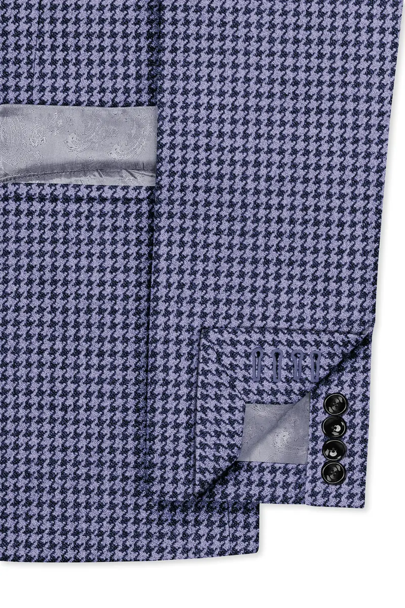 Dusk-Mulled Blue Classic Houndstooth Textured Tweed Double Breasted Blazer 6