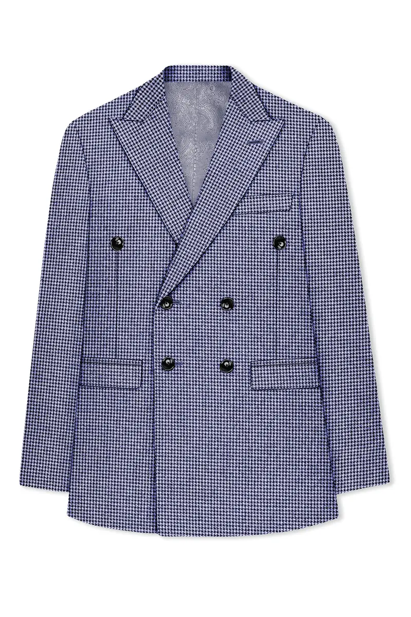 Dusk-Mulled Blue Classic Houndstooth Textured Tweed Double Breasted Blazer 7
