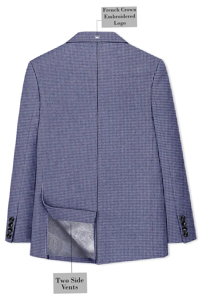 Dusk-Mulled Blue Classic Houndstooth Textured Tweed Double Breasted Blazer 8