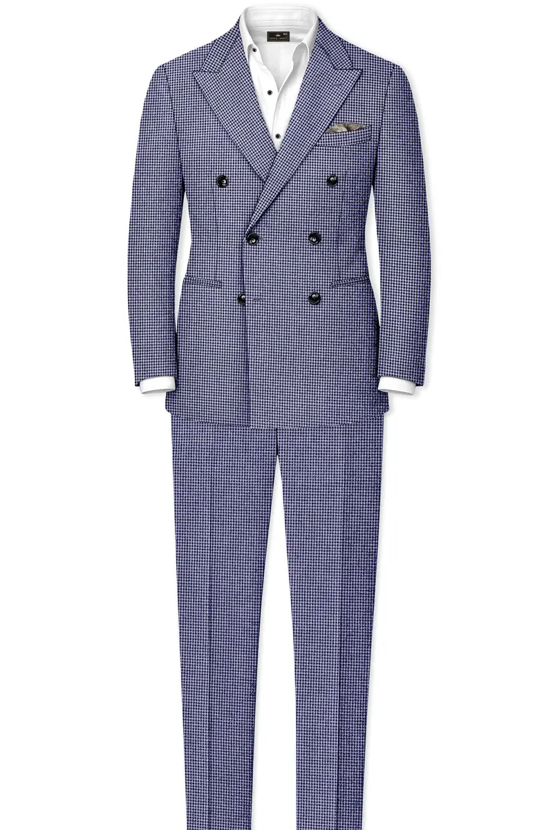 Dusk-Mulled Blue Classic Houndstooth Textured Tweed Double Breasted Blazer 9