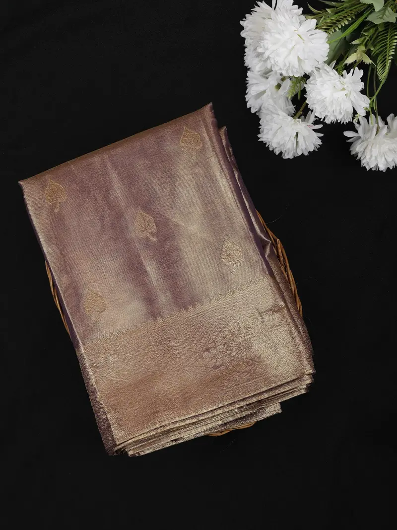Dusky Mauve Floral Zari Woven Design Tissue Silk Fancy Saree With Zari Border 1
